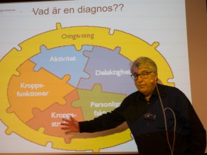Claes Möller står framför en bild som illustrerar vad som behöver kartläggas för en bra diagnos.