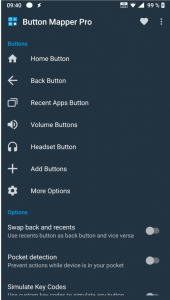 Skärmdump på inställningsmenyn, val som Recent App Button, Volume Button, Headset Button, Add Button och More Options