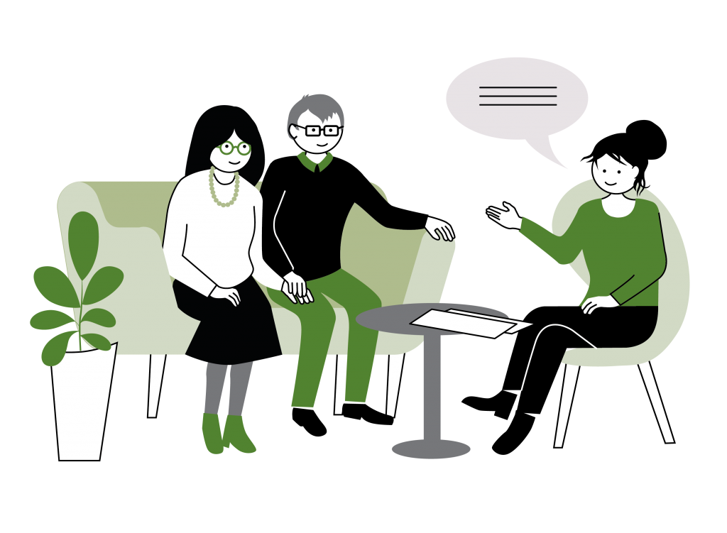 Illustration: tre personer som sitter och samtalar med varandra kring ett runt soffbord