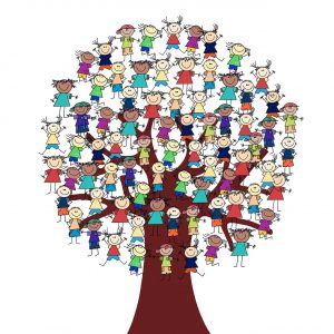 Trädstam och grenverk med blad som består av tecknade glada barn med olika hudfärg och färglada kläder.
