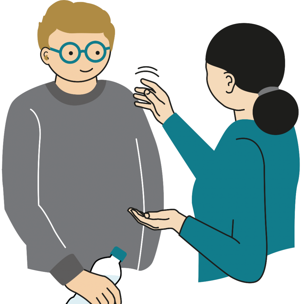 En man med grå tröja och glasögon håller en flaska i höger hand. En kvinna i blå tröja står till höger, med ansiktet vänt mot honom. Hon klappar honom på överarmen med sin högra hand. Illustration.