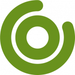 Grön cirkel med som ligger omsluten av en större grön cirkel som har en öppning snett uppe till höger. Grafisk symbol.